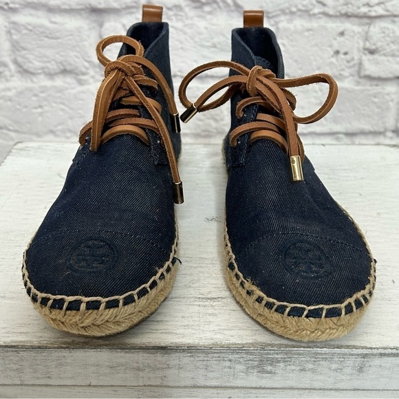 Tory Burch Navy Canvas Espadrille Lace Up Ankle Bootie Flats - Picture 9 of 16